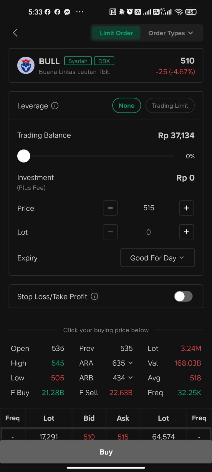 Form beli saham BULL di Stockbit