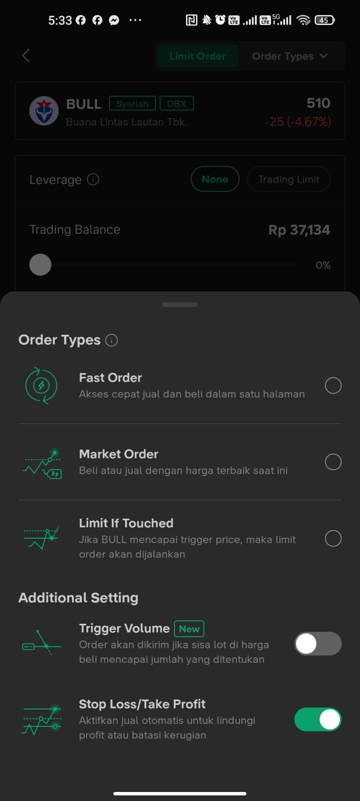 Panel Order Types di Stockbit