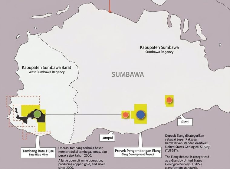 Peta aset Amman di Pulau Sumbawa: tambang Batu Hijau yang sudah beroperasi, plus proyek Elang yang tergolong raksasa.