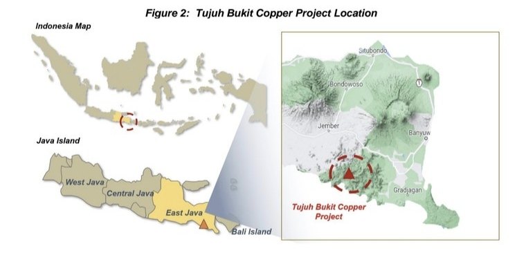 Lokasi Proyek Tujuh Bukit Copper di Banyuwangi, Jawa Timur. Aksesnya lewat pelabuhan, bandara, dan jalan darat.